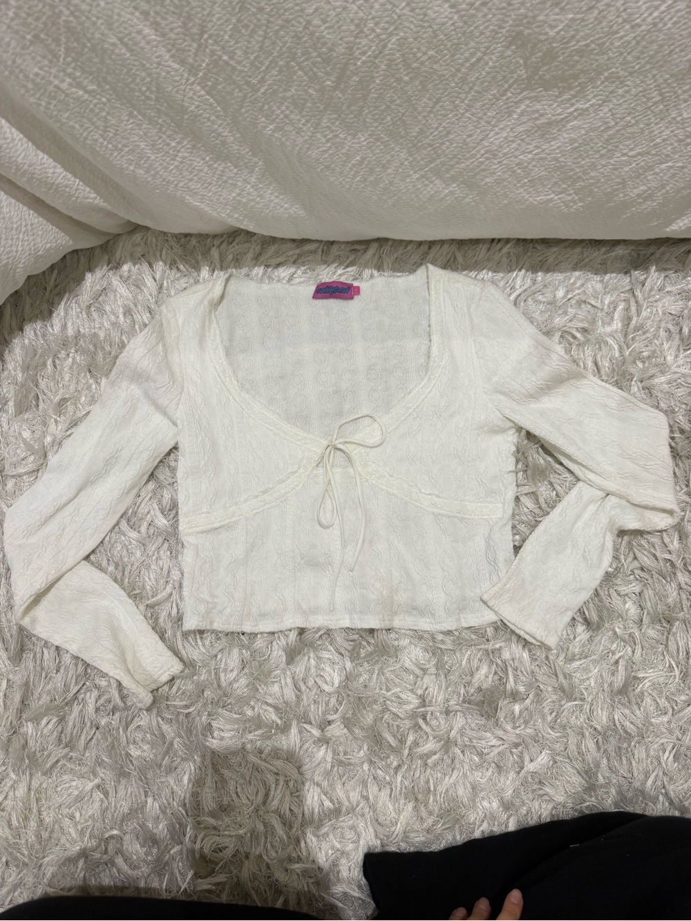 Edikted Cream Tie-Front Long Sleeve Crop Top